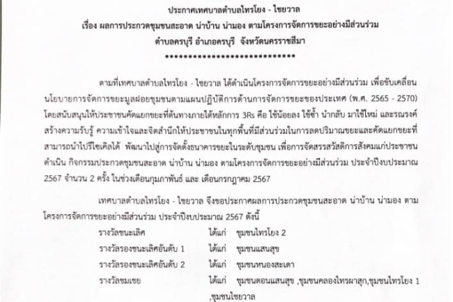 ผลการประกาศผลการประกวดชุมชนสะอาด น่าบ้าน น่ามอง ตามโครงการจัดการขยะอย่างมีส่วนร่วม ประจำปีงบประมาณ 2567