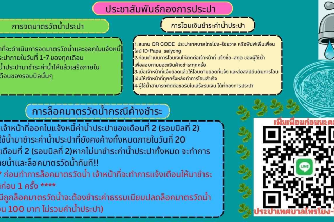 ???????? ประชาสัมพันธ์จากกองการประปาเทศบาลตำบลไทรโยง-ไชยวาล ????????  ✅ แจ้งเรื่องการจดมาตรวัดน้ำและล็อคมาตรวัดน้ำ ในกรณีการค้างชำระค่าน้ำประปา ????????????