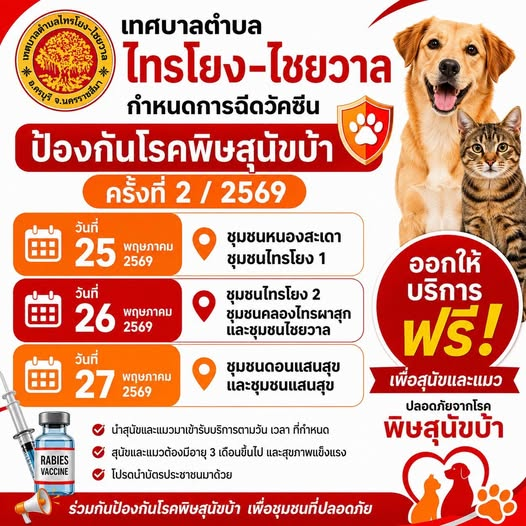 เทศบาลตำบลไทรโยง -ไชยวาล จะออกให้บริการฉีดวัคซีนป้องกันโรคพิษสุนัขบ้า ครั้งที่ 2/2569